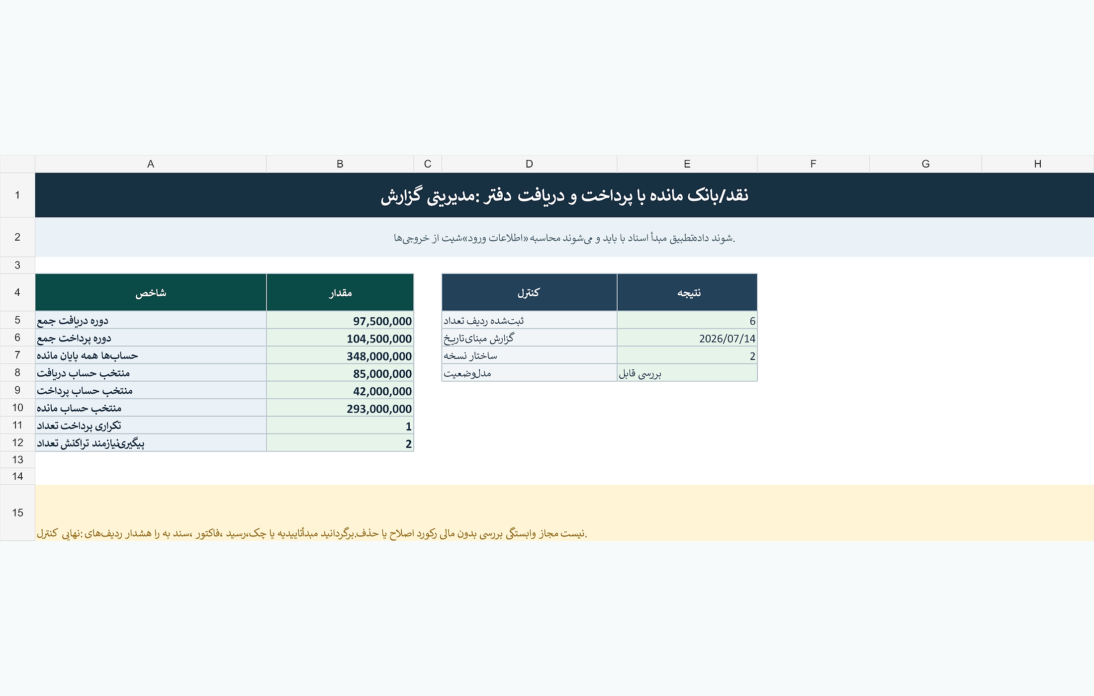 پیشنمایش خوانای دفتر دریافت و پرداخت با مانده نقد/بانک