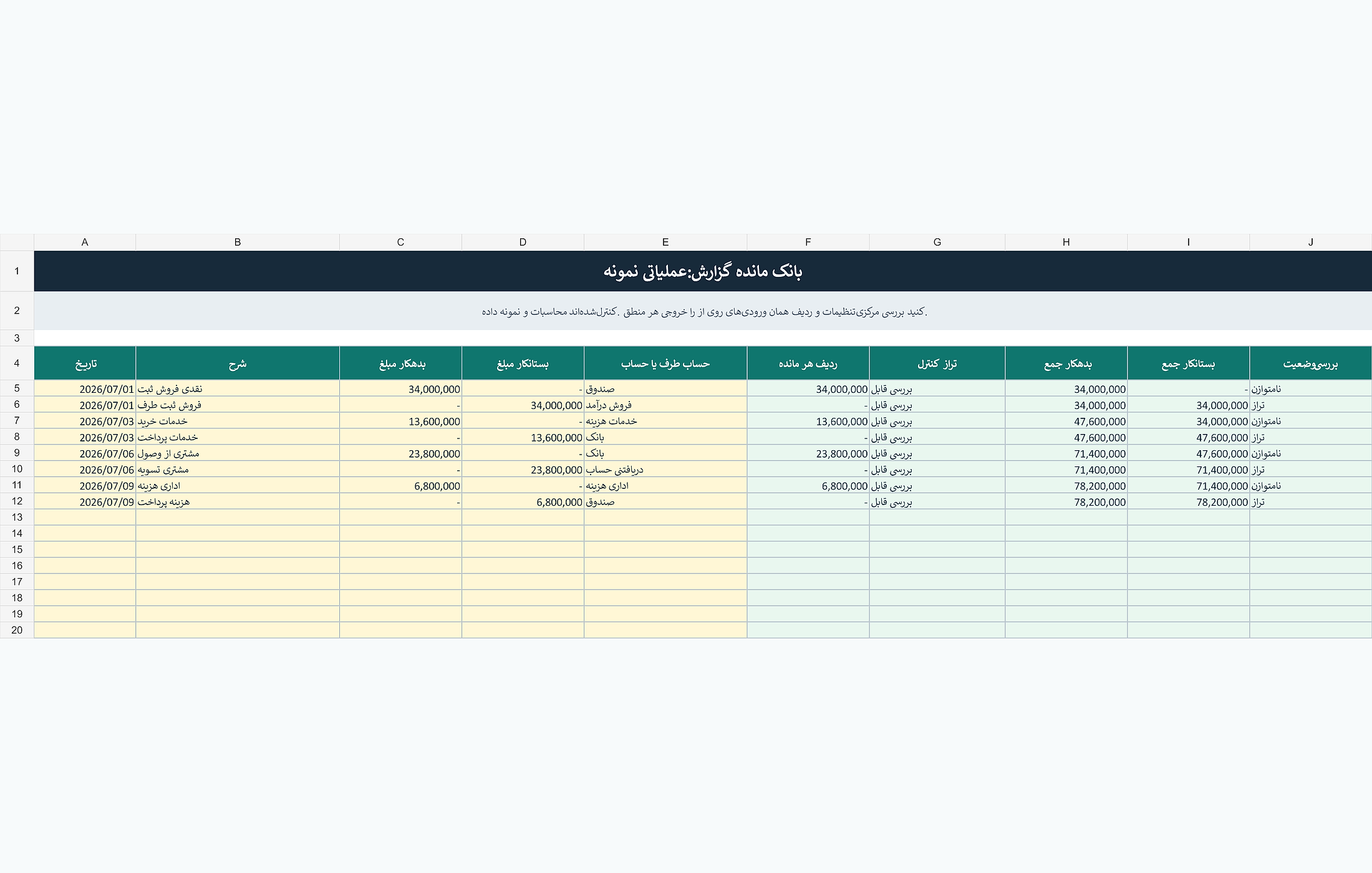 پیشنمایش خوانای فایل اکسل گزارش مانده بانک