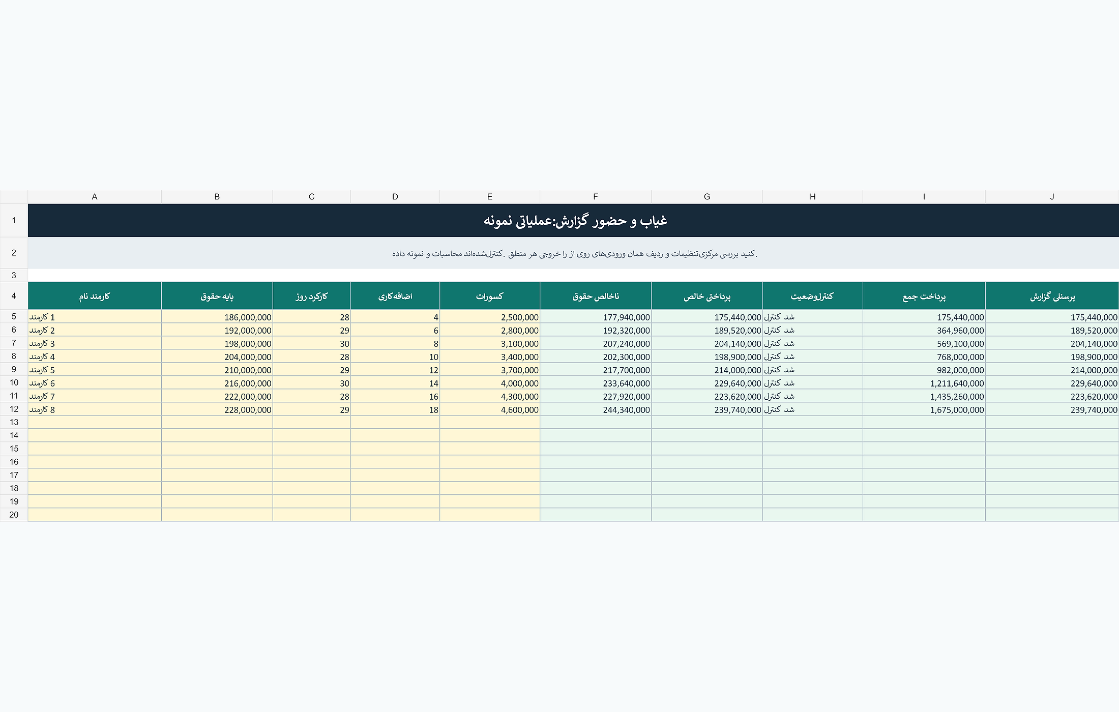 پیشنمایش خوانای فایل اکسل گزارش حضور و غیاب