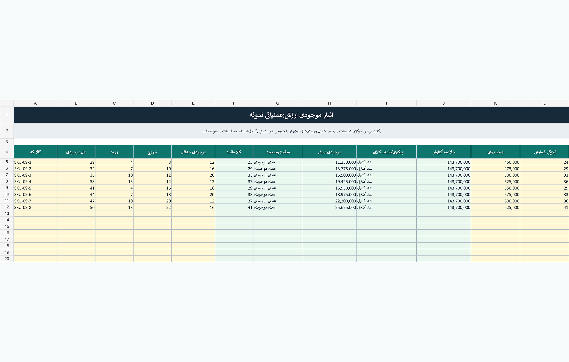 پیشنمایش خوانای فایل اکسل ارزش موجودی انبار
