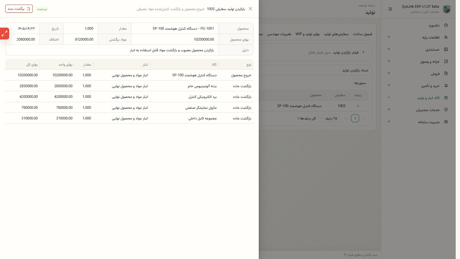 اقلام محصول خارجشده و مواد برگشتی از بازکردن تولید