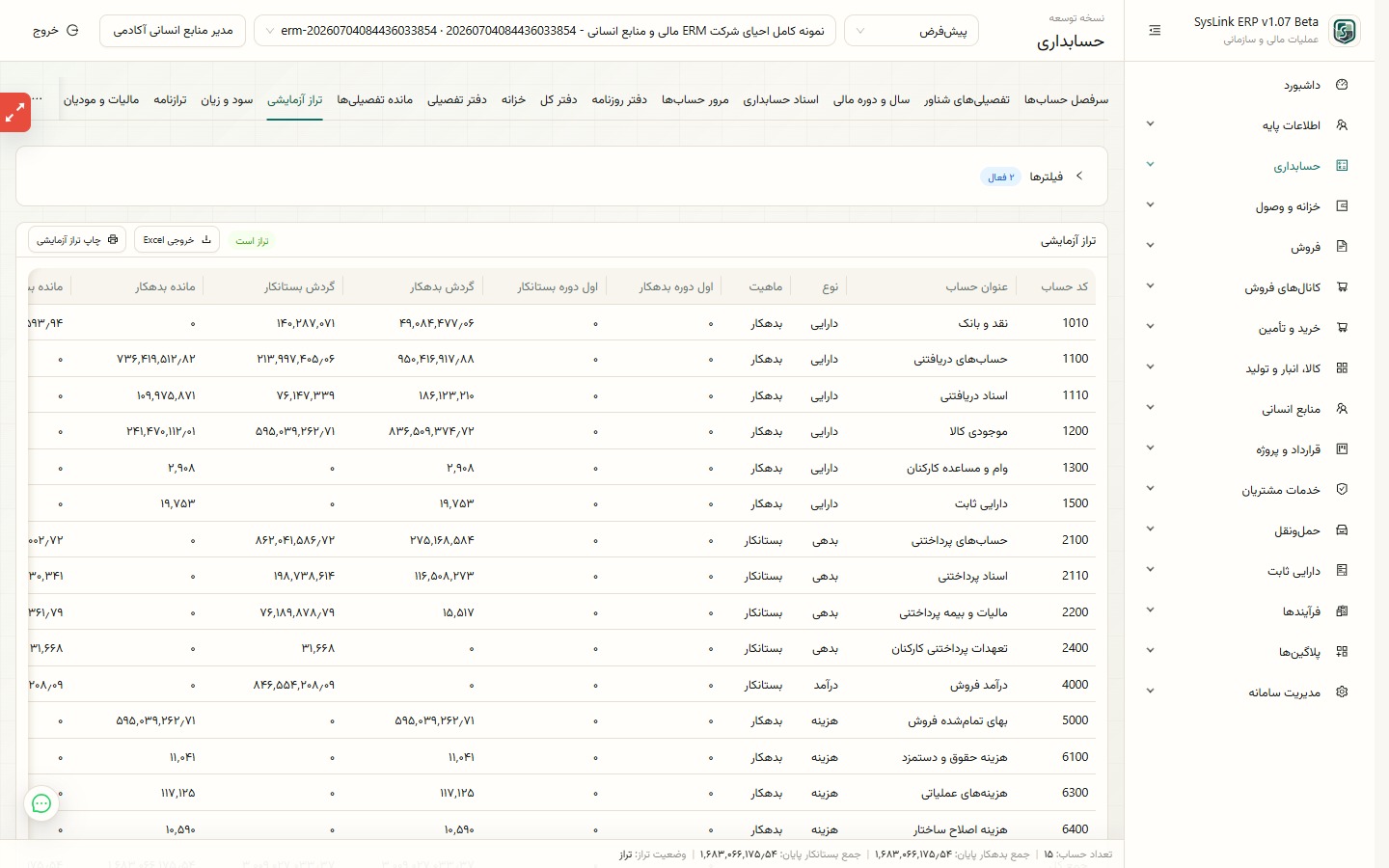 تراز آزمایشی حسابها با وضعیت تراز