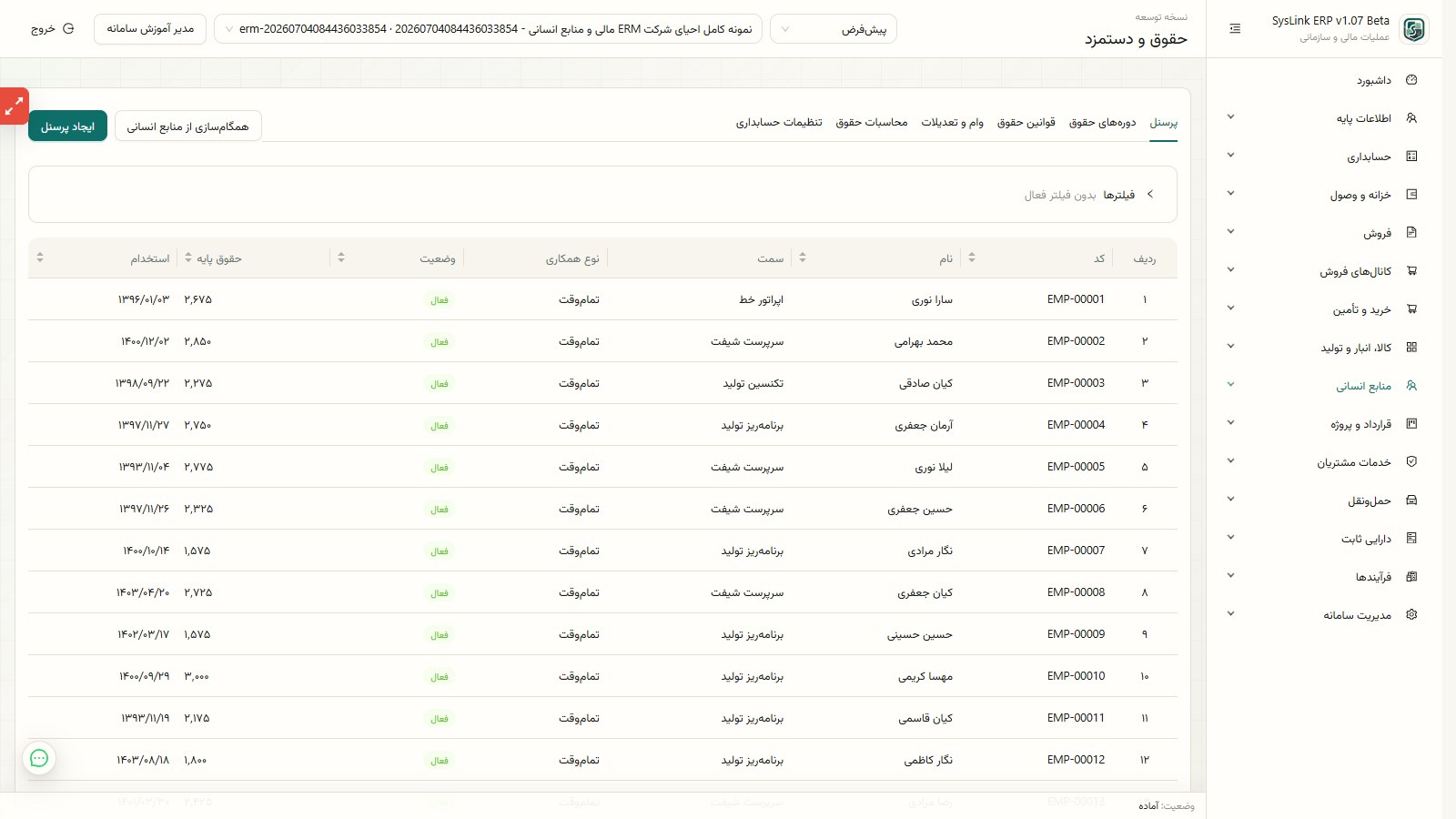 فهرست کارکنان در حقوق و دستمزد